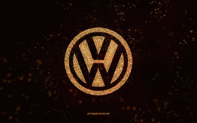 Volkswagen glitter logo, 4k, musta tausta, Volkswagen logo, keltainen glitter taide, Volkswagen, luova taide, Volkswagen keltainen glitter logo