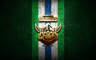 Canberra Raiders, golden logo, National Rugby League, green metal background, australian rugby club, Canberra Raiders logo, rugby, NRL