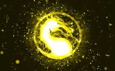 Mortal Kombat yellow logo, 4k, yellow neon lights, creative, yellow abstract background, Mortal Kombat logo, online games, Mortal Kombat