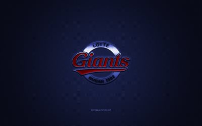 Lotte Giants, clube de beisebol sul-coreano, KBO League, logotipo vermelho, fundo azul de fibra de carbono, beisebol, Busan, Coreia do Sul, logotipo do Lotte Giants