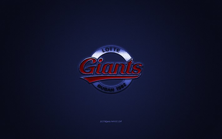 Lotte Giants, club de baseball sud-cor&#233;en, KBO League, logo rouge, fond bleu en fibre de carbone, baseball, Busan, Cor&#233;e du Sud, logo Lotte Giants