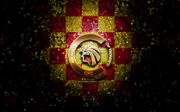 Ceramica Cleopatra FC, glitter logo, Egyptian Premier League, purple yellow checkered background, EPL, soccer, egyptian football club, Ceramica Cleopatra logo, mosaic art, football, Ceramica Cleopatra