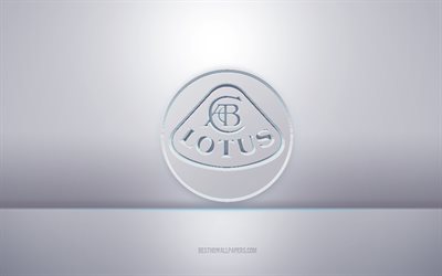 Lotus 3d beyaz logo, gri arka plan, Lotus logosu, yaratıcı 3d sanat, Lotus, 3d amblem