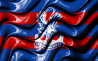 Crystal Palace bayrağı, 4k, mavi ve kırmızı 3D dalgalar, Premier Lig, İngiliz Futbol Kul&#252;b&#252;, futbol, Crystal Palace logosu, Crystal Palace FC
