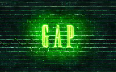 GAP gr&#246;n logotyp, 4k, gr&#246;n brickwall, GAP logo, modem&#228;rken, GAP neonlogotyp, GAP