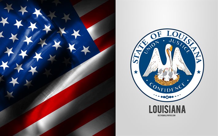 Sigillo della Louisiana, bandiera USA, emblema della Louisiana, stemma della Louisiana, distintivo della Louisiana, bandiera americana, Louisiana, USA