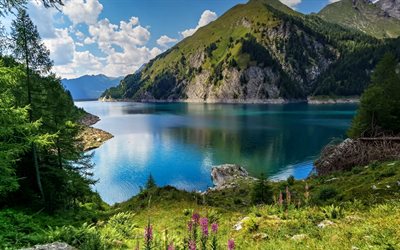 Berg -järvi, vuorijärvi, Bergsee, Alpit Ticino, vuoristomaisema, kesä, ilta, auringonlasku, Sveitsi