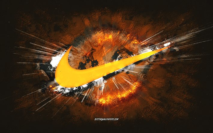 Nike -logo, grunge -taide, oranssi kivitausta, Nike -oranssi logo, Nike, creative art, Nike grunge -logo