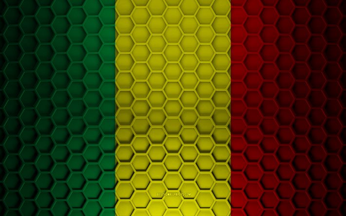 Drapeau du Mali, texture des hexagones 3d, Mali, texture 3d, drapeau du Mali 3d, texture en m&#233;tal, drapeau du Mali