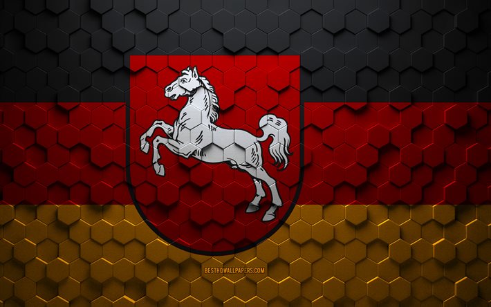 Flagga av Niedersachsen, bikakekonst, Niedersachsen sexkantiga flagga, Niedersachsen, 3d hexagonkonst, Niedersachsen flagga