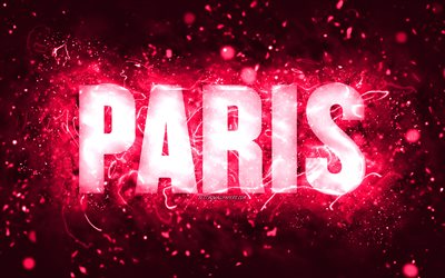 Feliz anivers&#225;rio, Paris, 4k, luzes de n&#233;on rosa, nome de Paris, criativo, feliz anivers&#225;rio, anivers&#225;rio de Paris, nomes femininos populares americanos, foto com o nome de Paris