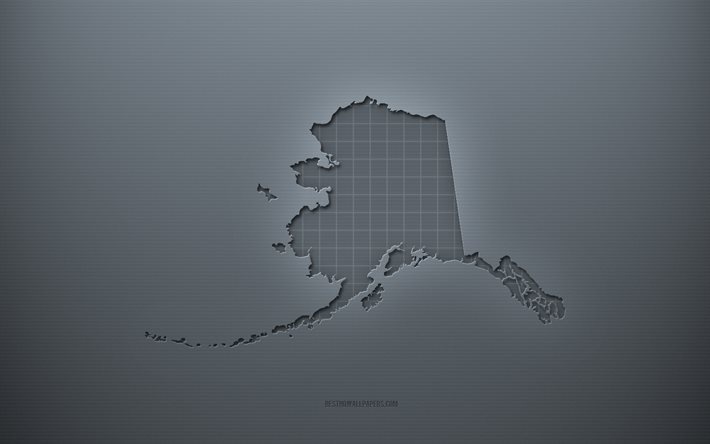 アラスカの地図, 灰色の創造的な背景, Alaska, 米国, 灰色の紙の質感, アメリカの州, アラスカの地図のシルエット, 灰色の背景, アラスカの3Dマップ
