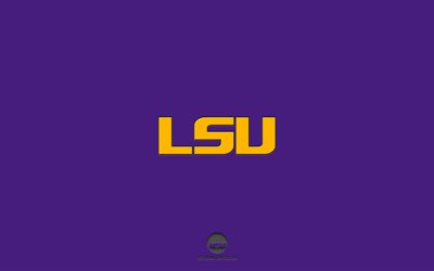 LSU Tigers, sfondo viola, squadra di football Americano, emblema LSU Tigers, NCAA, Louisiana, USA, football Americano, logo LSU Tigers