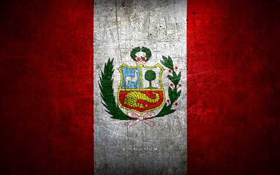 Peruvian metal flag, grunge art, South American countries, Day of Peru, national symbols, Peru flag, metal flags, Flag of Peru, South America, Peruvian flag, Peru