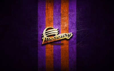 Phoenix Mercury, kultainen logo, WNBA, violetti metallitausta, amerikkalainen koripallojoukkue, Phoenix Mercury -logo, koripallo