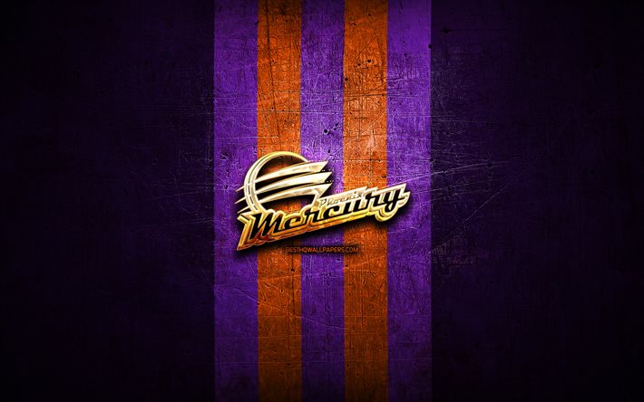 Phoenix Mercury, golden logo, WNBA, violet metal background, american basketball team, Phoenix Mercury logo, basketball