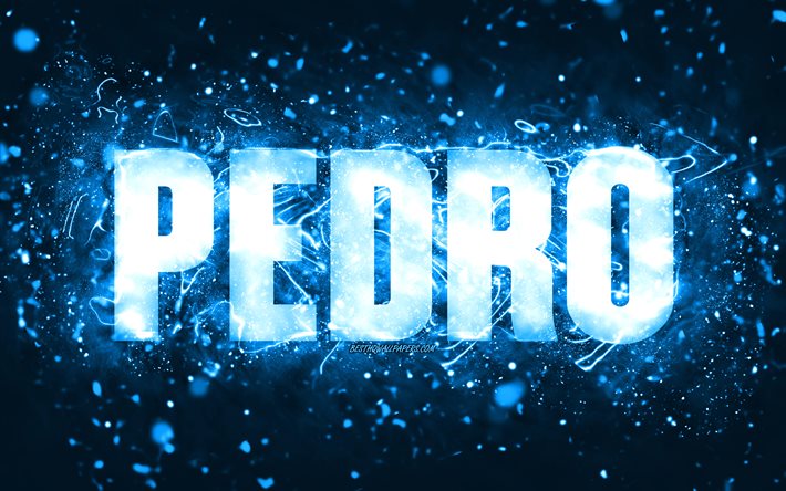 Parab&#233;ns Pedro, 4k, luzes neon azuis, Pedro nome, criativo, Pedro Parab&#233;ns, Pedro Anivers&#225;rio, nomes populares americanos masculinos, foto com o nome Pedro, Pedro