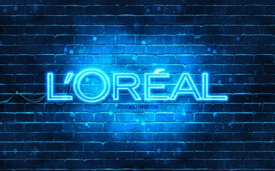 Logo bleu Loreal, 4k, mur de briques bleu, logo Loreal, marques, logo n&#233;on Loreal, Loreal