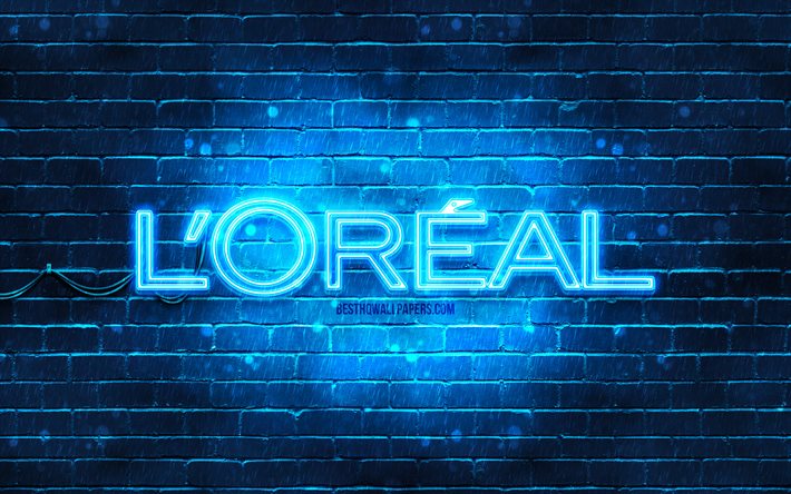 Loreal blue logo, 4k, blue brickwall, Loreal logo, brands, Loreal neon logo, Loreal