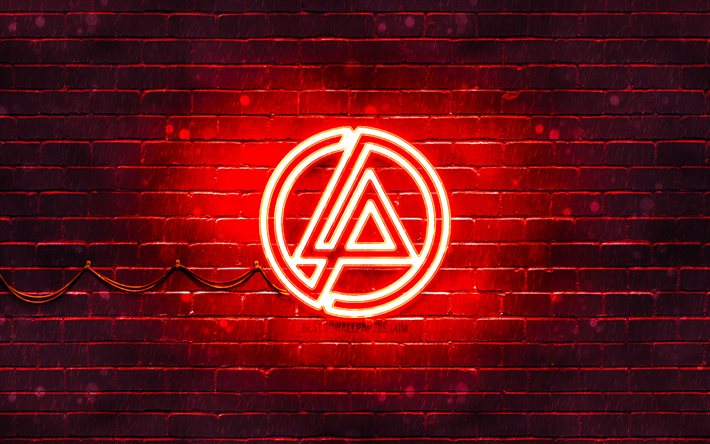 Logo rouge Linkin Park, 4k, stars de la musique, mur de briques rouges, logo Linkin Park, marques, logo n&#233;on Linkin Park, Linkin Park