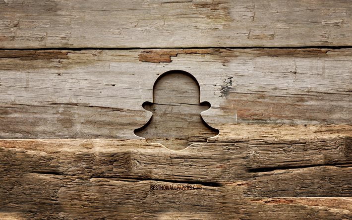Snapchat wooden logo, 4K, wooden backgrounds, social networks, Snapchat logo, creative, wood carving, Snapchat