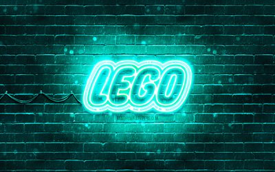 lego t&#252;rkis logo, 4k, t&#252;rkis brickwall, lego logo, marken, lego neon logo, lego