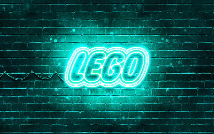 LEGO turkuaz logosu, 4k, turkuaz tuğla duvar, LEGO logosu, markalar, LEGO neon logosu, LEGO