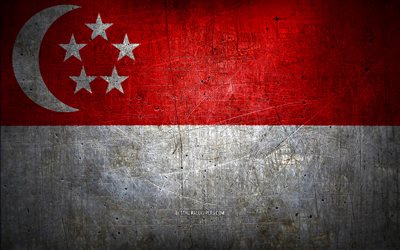Singaporean metal flag, grunge art, asian countries, Day of Singapore, national symbols, Singapore flag, metal flags, Flag of Singapore, Asia, Singaporean flag, Singapore