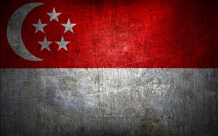 Singaporeansk metallflagga, grungekonst, asiatiska l&#228;nder, Singapore Day, nationella symboler, Singapores flagga, metallflaggor, Flagga av Singapore, Asien, Singaporeanska flaggan, Singapore
