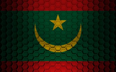 Mauretaniens flagga, 3d hexagons textur, Mauretanien, 3d textur, Mauretanien 3d flagga, metall textur