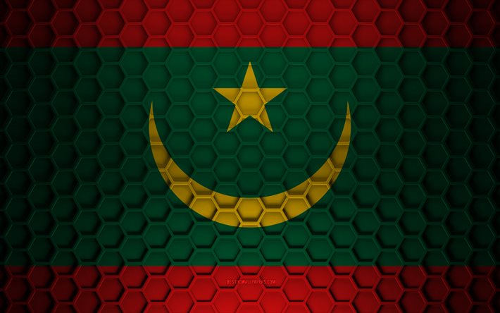 Mauritania flag, 3d hexagons texture, Mauritania, 3d texture, Mauritania 3d flag, metal texture, flag of Mauritania