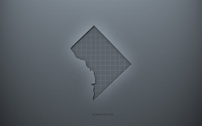 ワシントンDC, 灰色の創造的な背景, 米国, 灰色の紙の質感, アメリカの州, コロンビア特別区の地図のシルエット, コロンビア特別区の地図, 灰色の背景, コロンビア特別区の3Dマップ