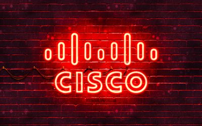 Logo rouge Cisco, 4k, mur de briques rouges, logo Cisco, marques, logo n&#233;on Cisco, Cisco