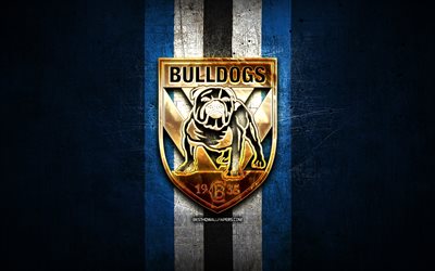 Canterbury Bulldogs, golden logo, National Rugby League, blue metal background, australian rugby club, Canterbury Bulldogs logo, rugby, NRL