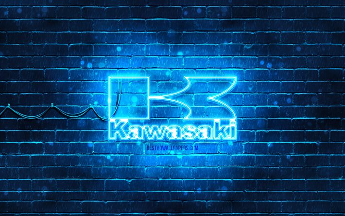 Logo blu Kawasaki, 4k, muro di mattoni blu, logo Kawasaki, marchi motociclistici, logo neon Kawasaki, Kawasaki
