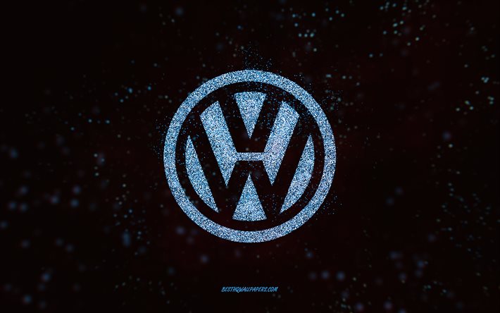 volkswagen glitzer-logo, 4k, schwarzer hintergrund, volkswagen-logo, blaue glitzer-kunst, volkswagen, kreative kunst, volkswagen blaues glitzer-logo