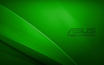 Asusの緑のロゴ, 4k, creative クリエイティブ, 緑の波状の背景, Asusのロゴ, アートワーク, アスサ