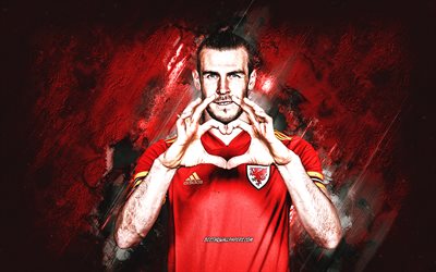 Gareth Bale, &#233;quipe nationale de football du Pays de Galles, footballeur gallois, portrait, Pays de Galles, art grunge, fond de pierre rouge, football