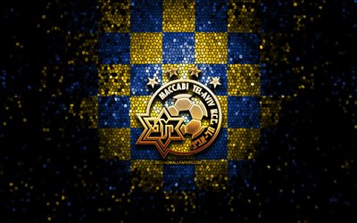 Maccabi Tel Aviv FC, glitter -logo, Ligat ha Al, keltainen sininen ruudullinen tausta, jalkapallo, Israelin jalkapalloseura, Maccabi Tel Aviv -logo, mosaiikki, Maccabi Tel Aviv, Israel