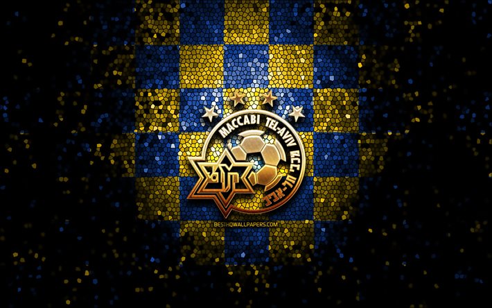 Maccabi Tel Aviv FC, parıltılı logo, Ligat ha Al, sarı mavi damalı arka plan, futbol, İsrail Futbol Kul&#252;b&#252;, Maccabi Tel Aviv logo, mozaik sanatı, Maccabi Tel Aviv, İsrail