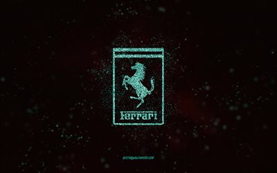 Ferrari glitter logo, 4k, black background, Ferrari logo, turquoise glitter art, Ferrari, creative art, Ferrari turquoise glitter logo