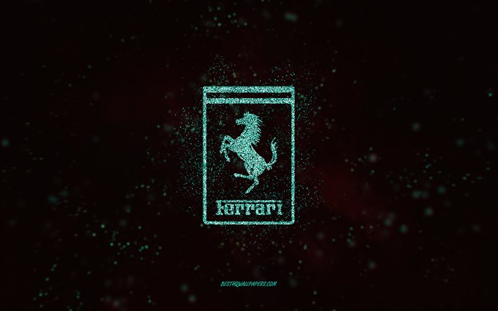 Logo Ferrari glitter, 4k, sfondo nero, logo Ferrari, arte glitter turchese, Ferrari, arte creativa, logo Ferrari glitter turchese