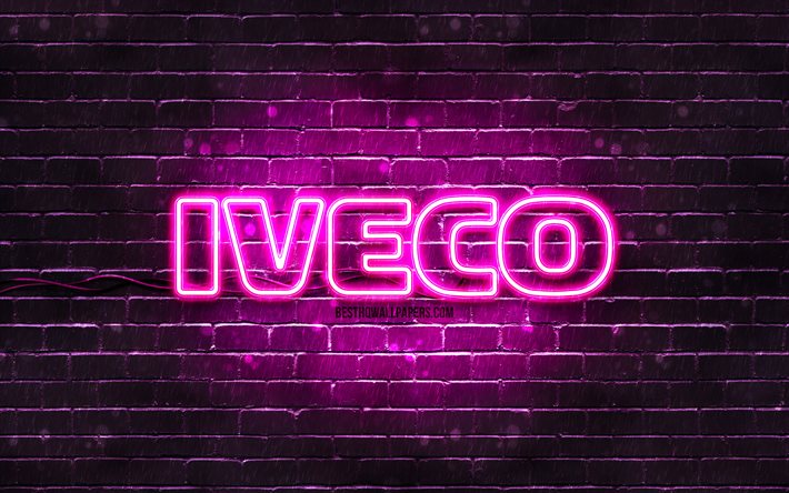Logo Iveco viola, 4k, muro di mattoni viola, logo Iveco, marche di automobili, logo neon Iveco, Iveco