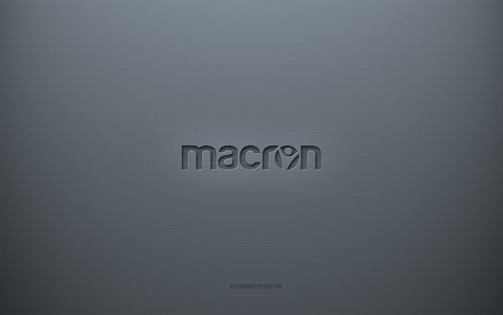 Macron logo, gray creative background, Macron emblem, gray paper texture, Macron, gray background, Macron 3d logo