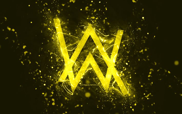 Logotipo amarelo de Alan Walker, 4k, DJs noruegueses, luzes de n&#233;on amarelas, criativo, fundo abstrato amarelo, Alan Olav Walker, logotipo de Alan Walker, estrelas da m&#250;sica, Alan Walker