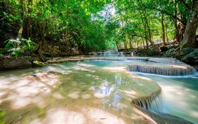 Erawan-Kansallispuisto, viidakko, vesiputouksia, river, kes&#228;ll&#228;, Thaimaa