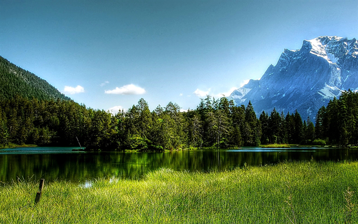 Europe, Alps, mountains, alpine clouds, HDR, summer, lake