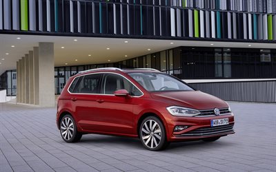 Volkswagen Golf Sportsvan, 4k, 2018 cars, facelift, red Golf, VW, Volkswagen
