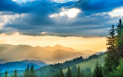 Carpathians, 山々, 夕日, 雲, ウクライナ