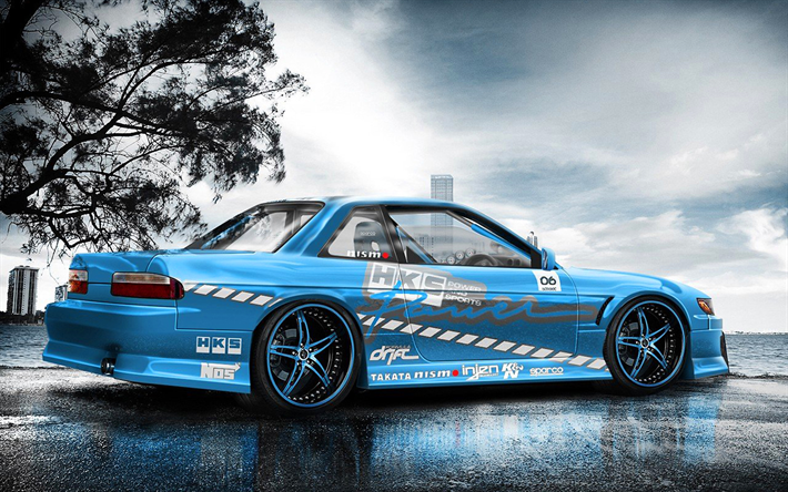 Nissan Silvia, S14, drift cars, tuning, blue Silvia, japanese cars, Nissan